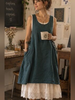 Cotton Blend Pinafore Apron Style Layered Jumper Dress Tie Sides Lace Accents
